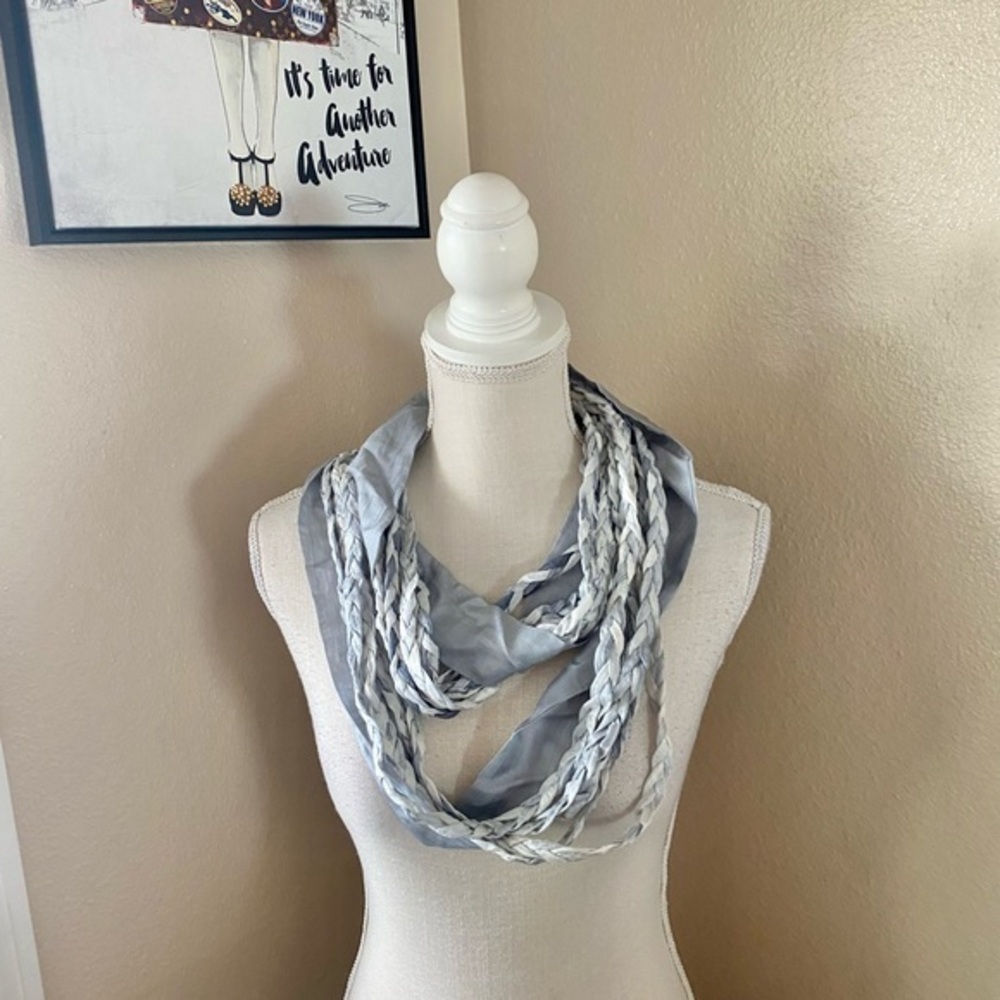 Gray and white braided infinity scarf